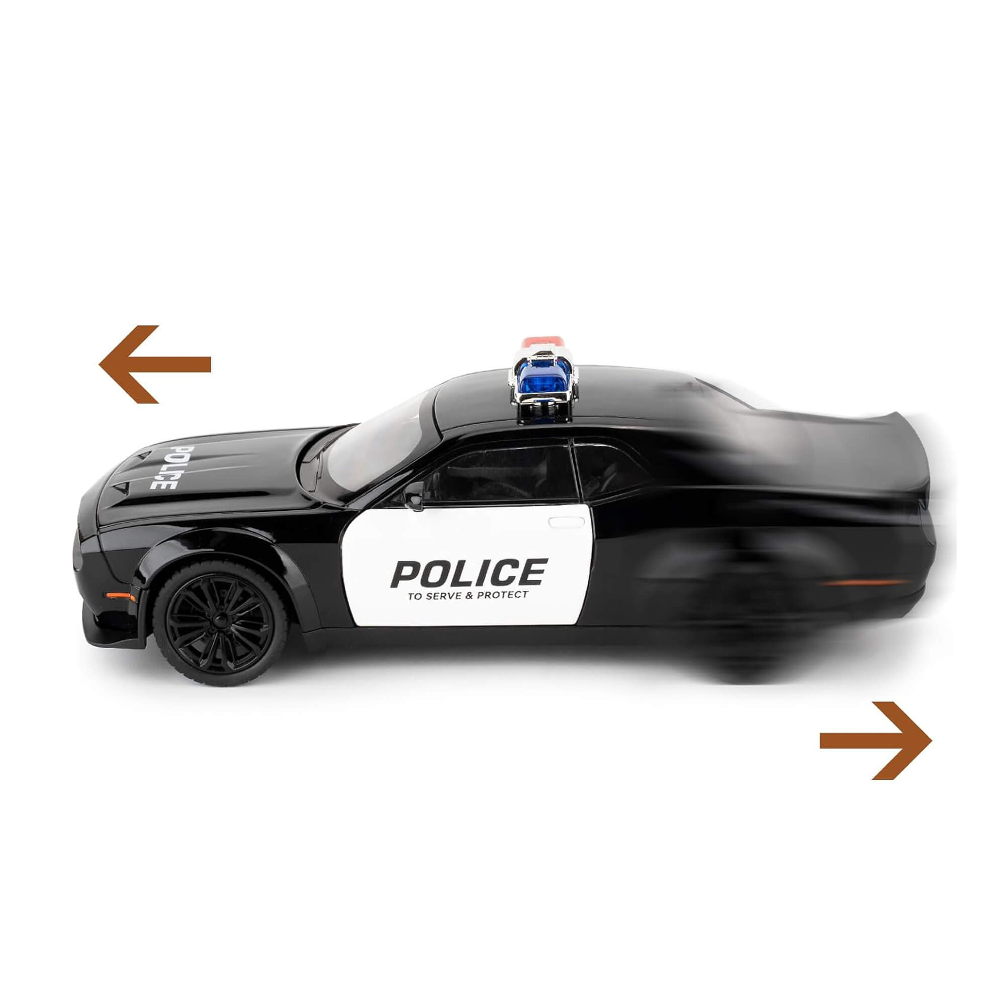 Masina metalica Politie, Dodge Challanger, Sunete si lumini, Usile, capota si portbagajul se deschid