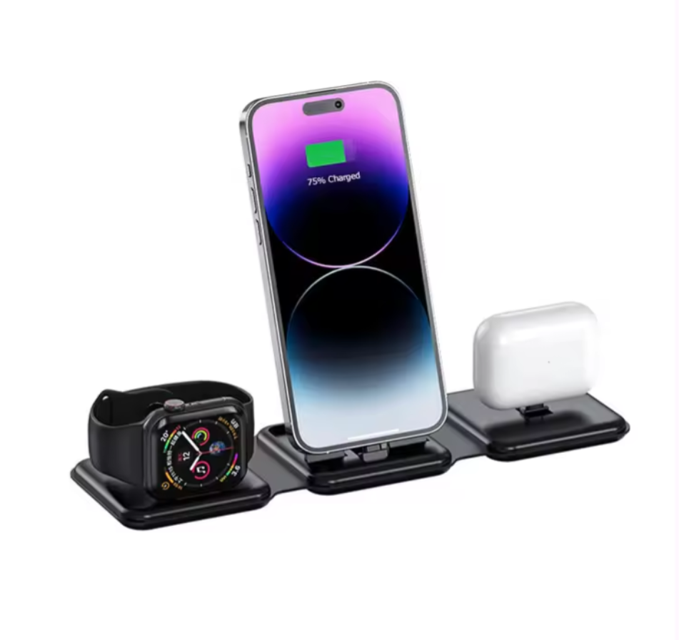 Incarcator Wireless 3 in 1 pliabil 10W Famous, Magsafe QI, Fast Charge, Statie de incarcare magnetica, compatibil cu Iphone, Samsung, Apple Watch, Airpods, universal, Negru