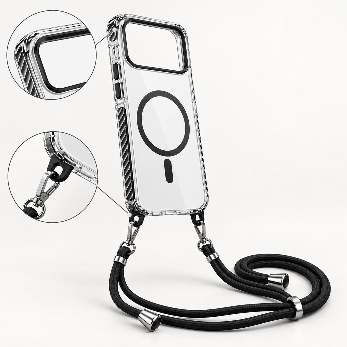 Husă MagSafe transparentă cu șnur pentru iPhone 17 ProMax, Negru