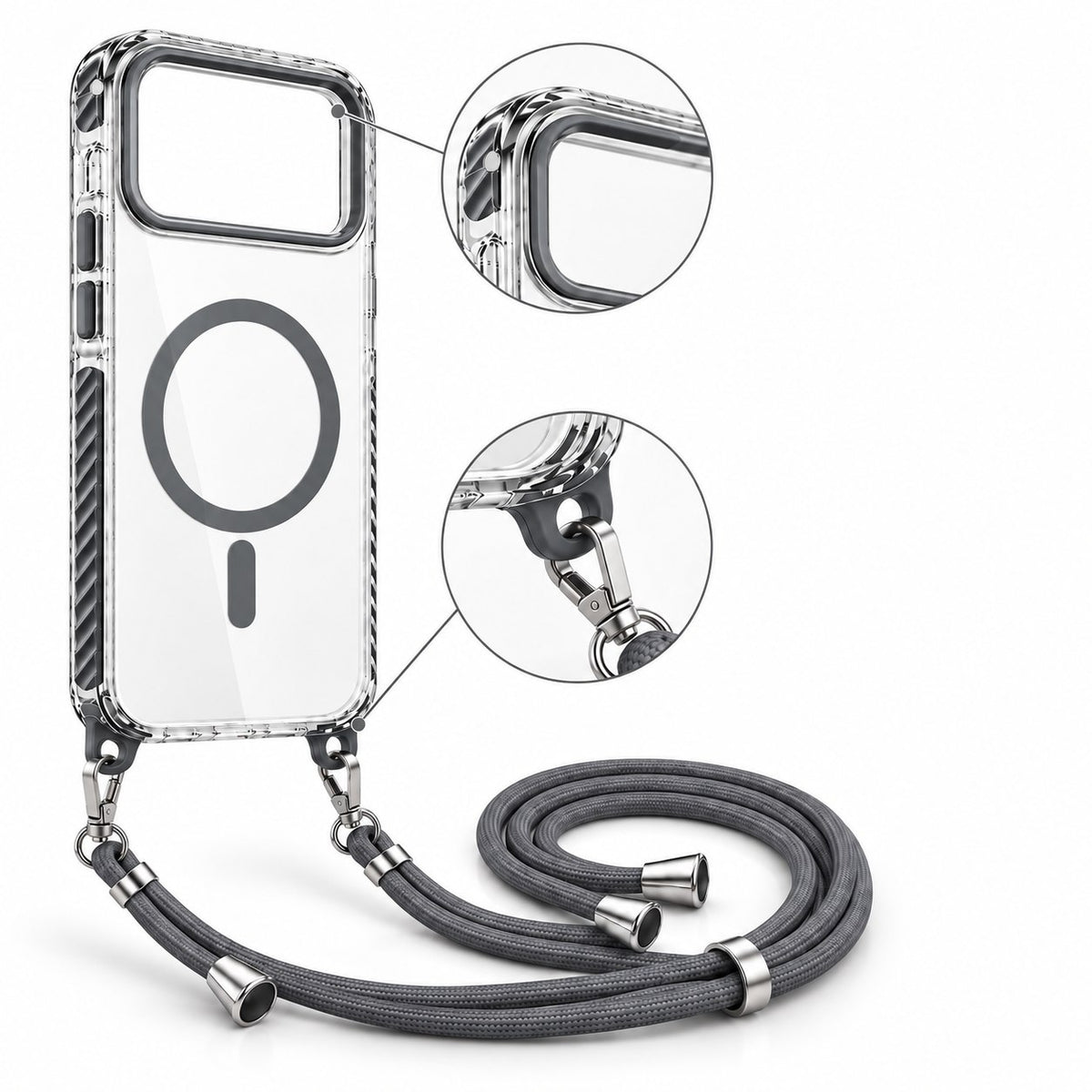 Husă MagSafe transparentă cu șnur pentru iPhone 17 ProMax, Gri