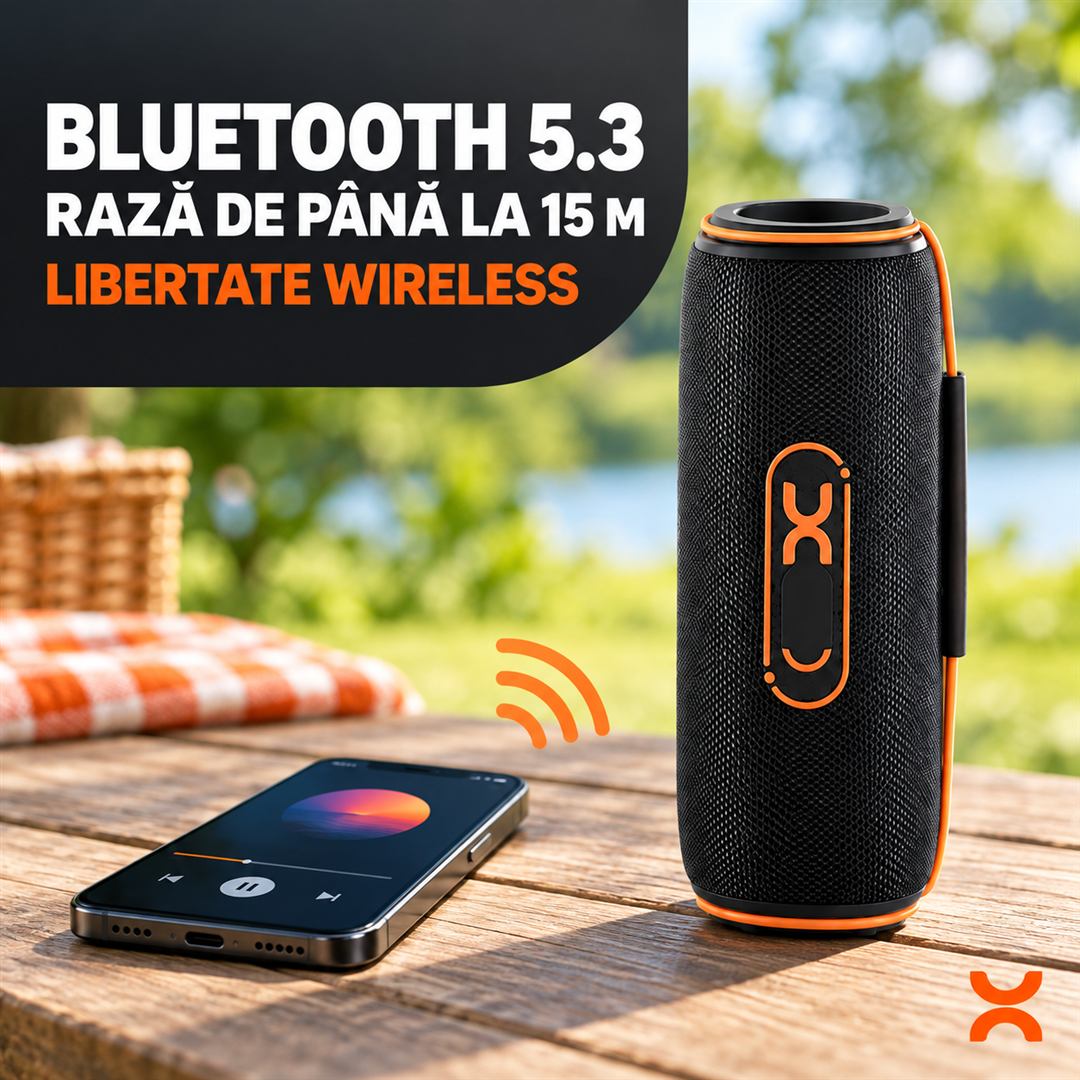 Boxă Portabilă Bluetooth 5.3, 30W, RGB, Baterie 1800 mAh, Autonomie 8 Ore, Microfon, Mâner, Negru/Portocaliu