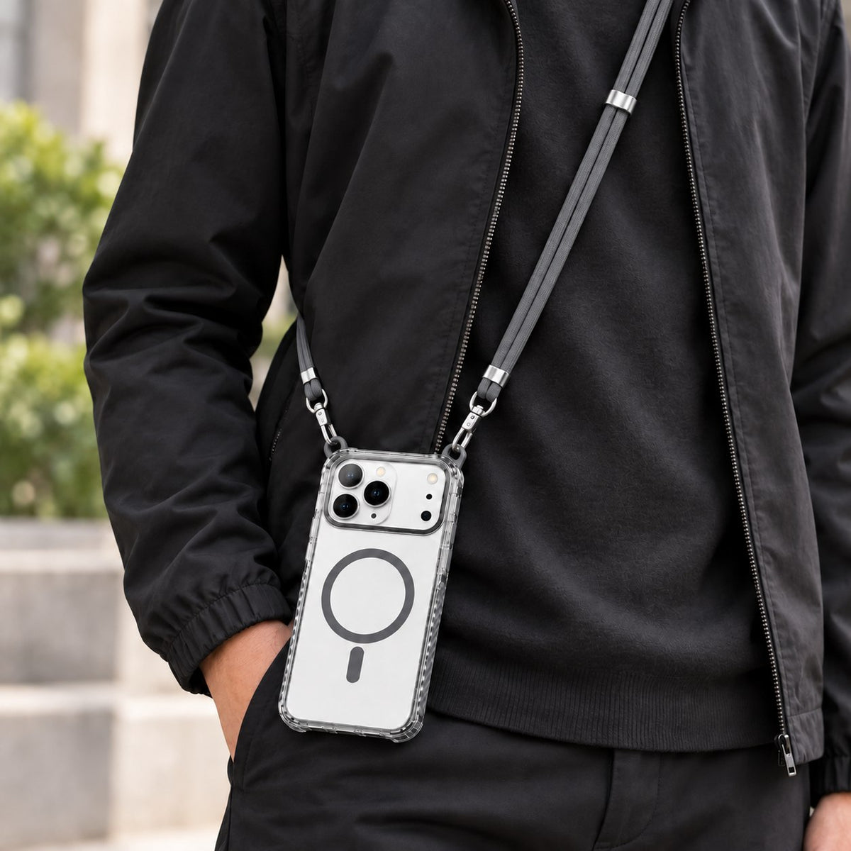 Husă MagSafe transparentă cu șnur pentru iPhone 17 ProMax, Gri
