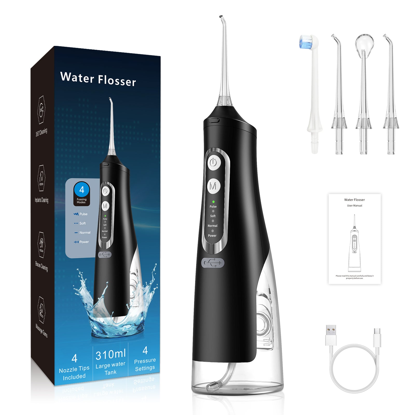 Irigator Oral Profesional, Dus Bucal Portabil, Rezervor 310ml, 4 Duze, Negru