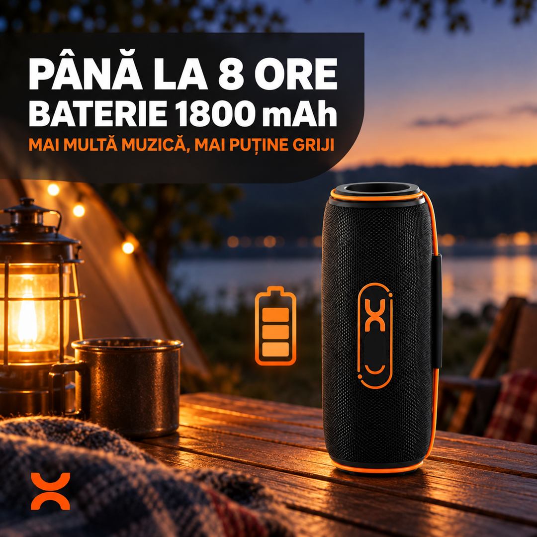 Boxă Portabilă Bluetooth 5.3, 30W, RGB, Baterie 1800 mAh, Autonomie 8 Ore, Microfon, Mâner, Negru/Portocaliu