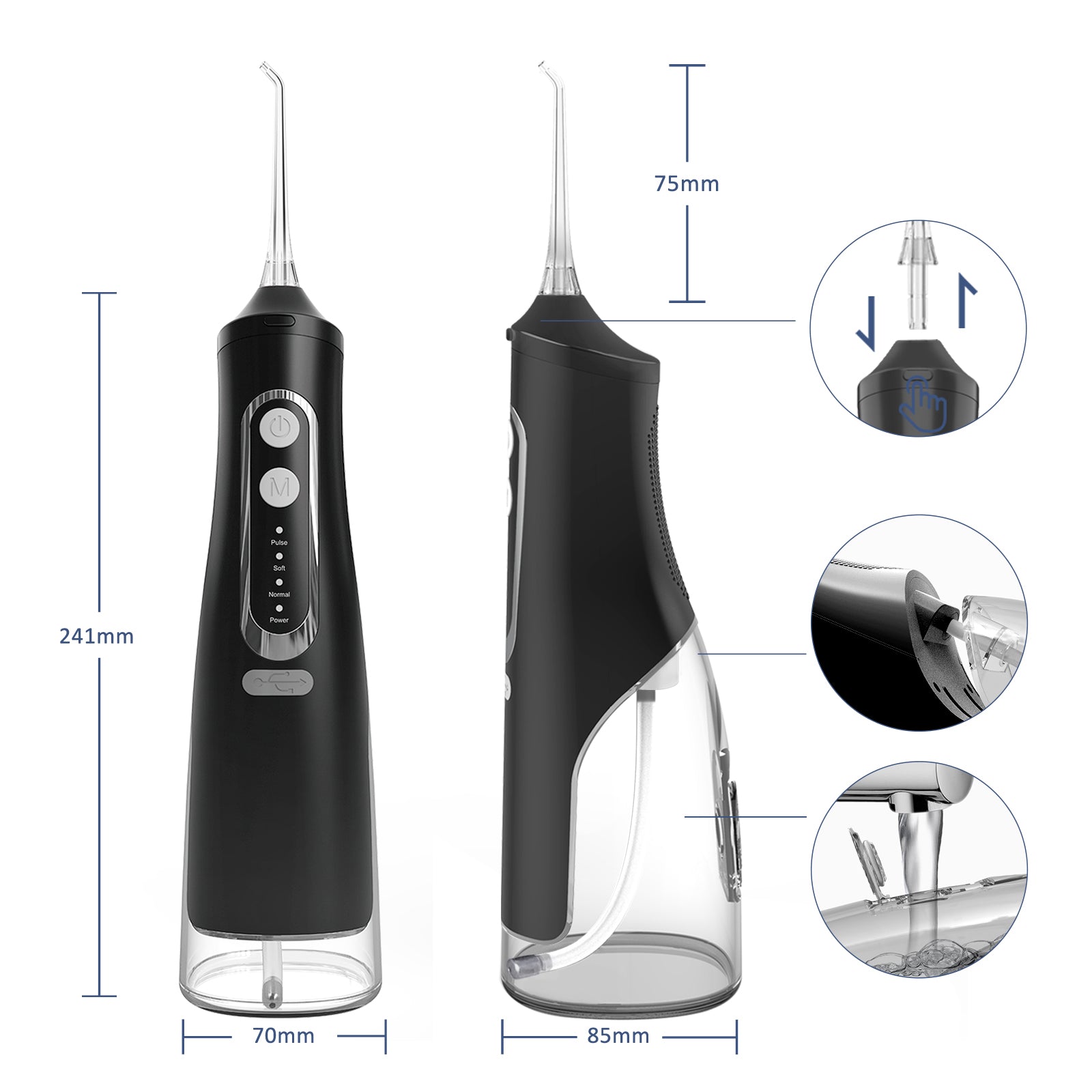 Irigator Oral Profesional, Dus Bucal Portabil, Rezervor 310ml, 4 Duze, Negru