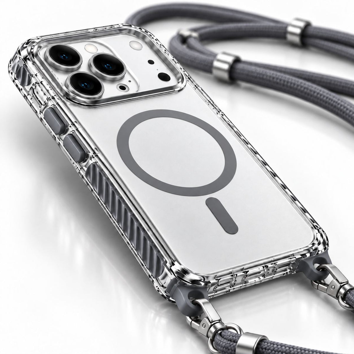 Husă MagSafe transparentă cu șnur pentru iPhone 17 ProMax, Gri