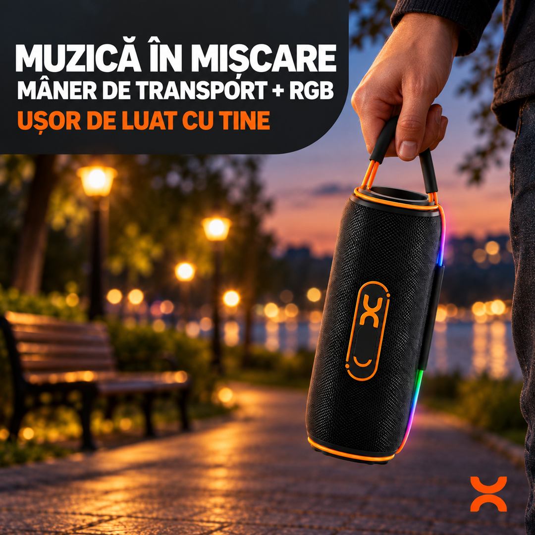 Boxă Portabilă Bluetooth 5.3, 30W, RGB, Baterie 1800 mAh, Autonomie 8 Ore, Microfon, Mâner, Negru/Portocaliu