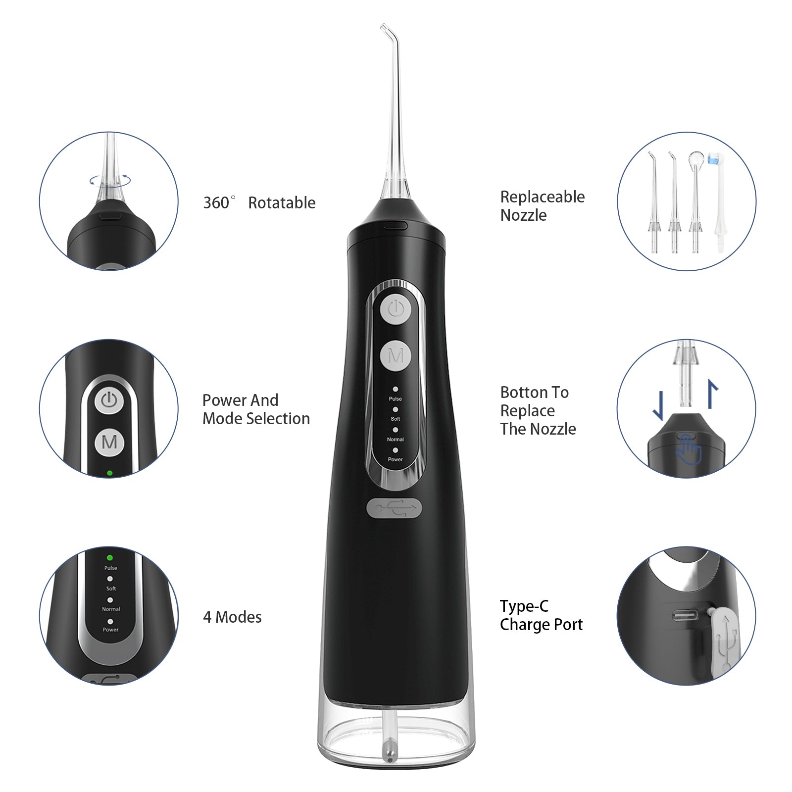 Irigator Oral Profesional, Dus Bucal Portabil, Rezervor 310ml, 4 Duze, Negru