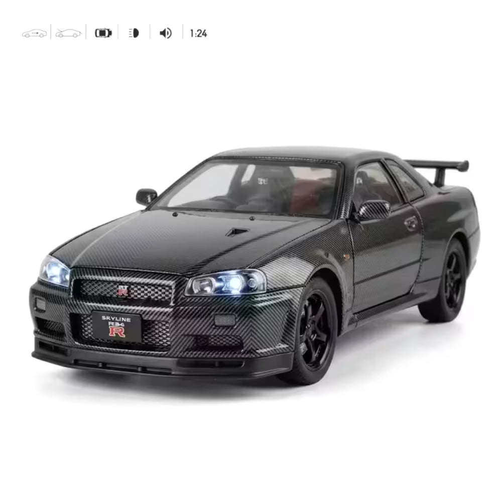 Masinuta Metalica Nissan Skyline GT-R, Scara 1:24, Usi, Capota si Portbagaj Functionale, Lumini si Efecte Sonore, Model Die-Cast, Cadou pentru Baieti si Colectionari, Negru