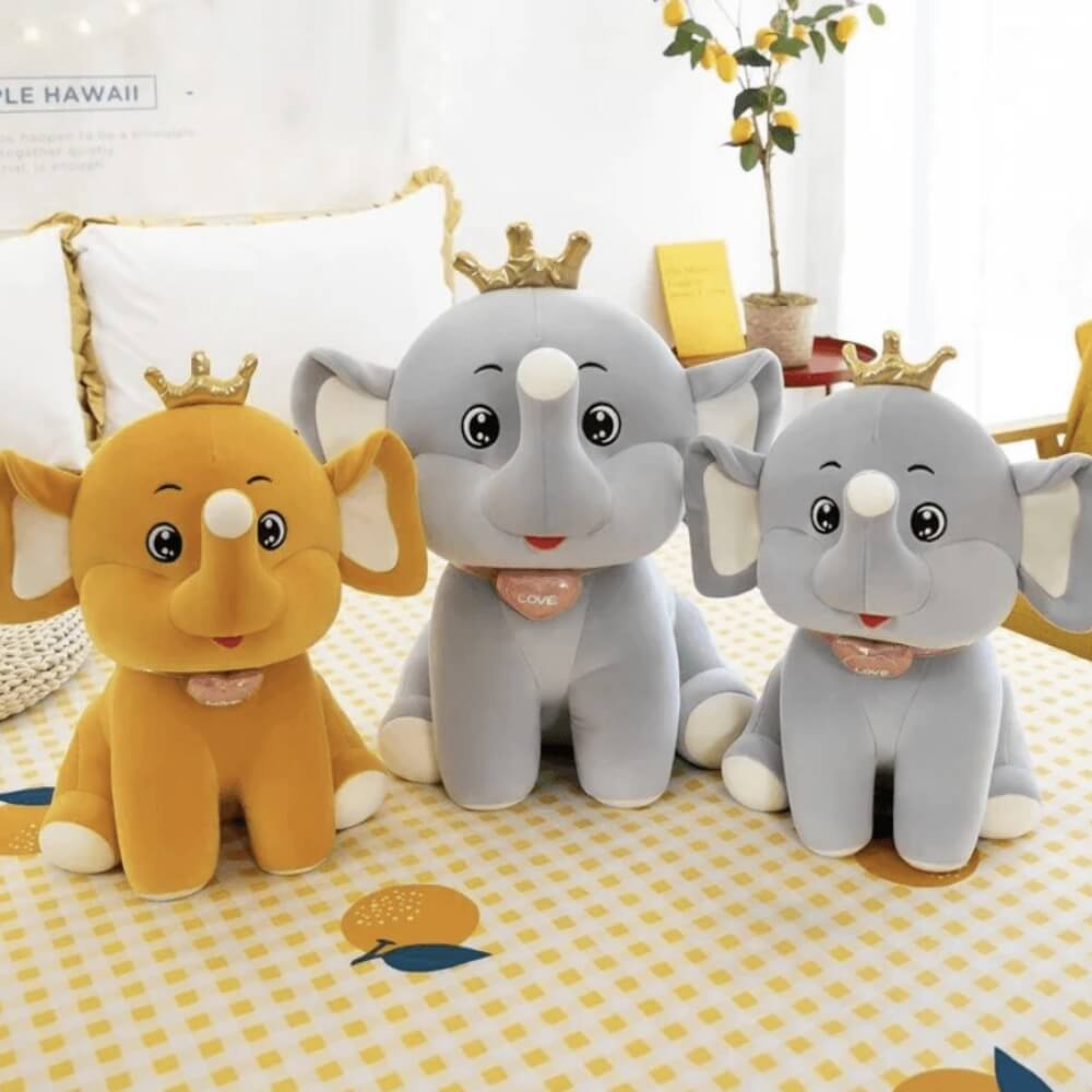 Jucărie de pluș premium Elefant gri cu inimioară și coroniță, moale și pufoasă, 30 cm, Gri