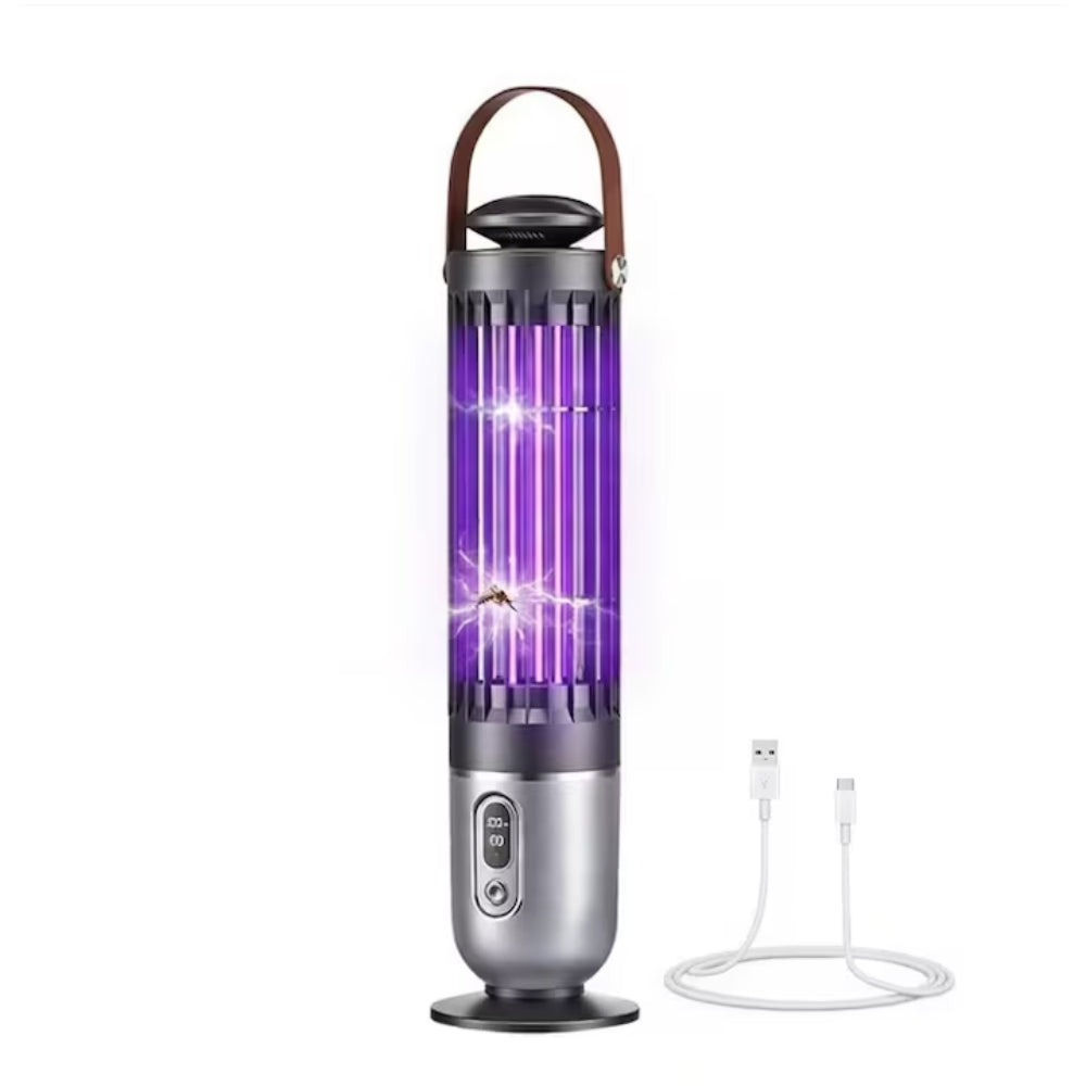 Lampa UV Anti Tantari si Insecte Reincarcabila USB, Electrica cu Lumina UV 360°, Portabila pentru Interior si Exterior, Afisaj Digital LED, Silentioasa, Negru/Argintiu