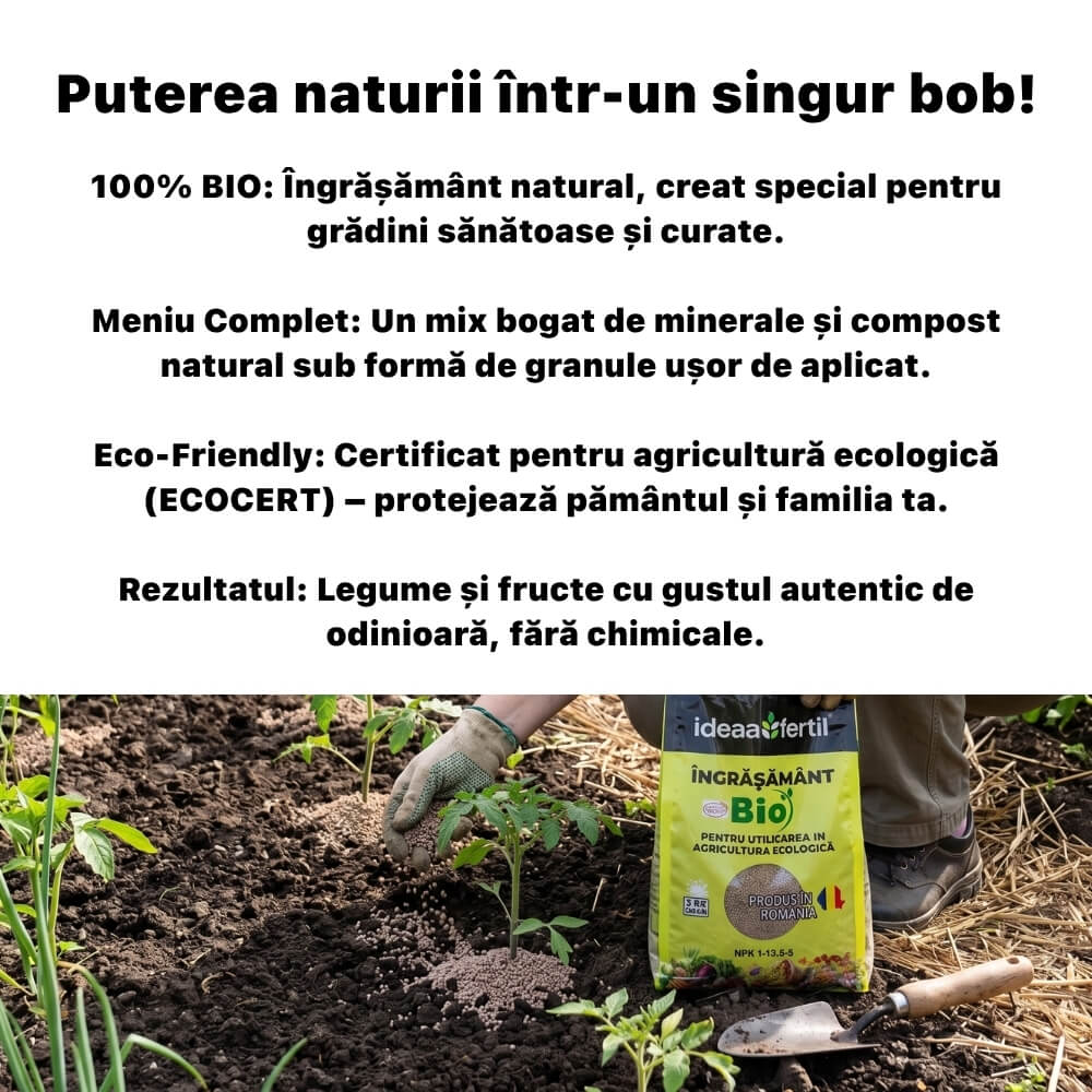 Ingrasamant Ecologic Universal IDEEAFERTIL, Granule, 5 kg, Certificat ECOCERT, Eliberare Lenta, pentru Legume, Fructe si Gazon, Produs in Romania
