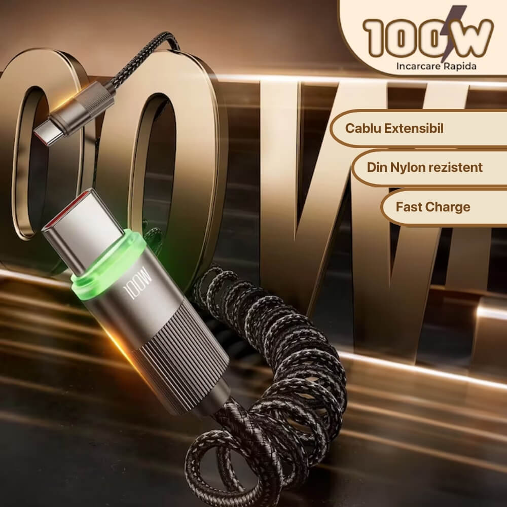 Cablu de Incarcare si Transfer de Date, Fast Charge 100W, DigiKalaX®, 480Mbps, 1.8m, LED Inteligent, Nylon, USB-C la Type-C, Negru
