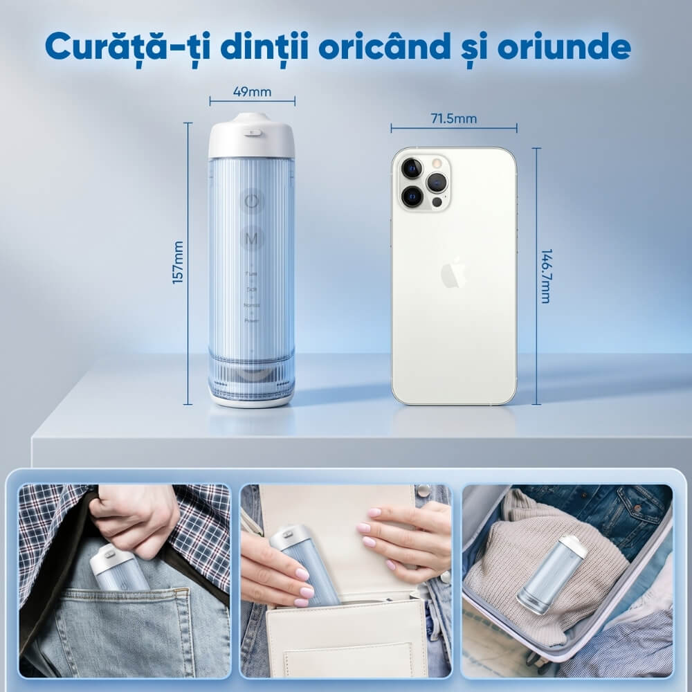 Irigator Bucal Profesional tip Dus Bucal Portabil DrKala® ProClean Go, pliabil, 4 moduri de curatare, pana la 1999 pulsatii/min, rezervor 210 ml, baterie 1500 mAh, 4 capete incluse, Rezistent la apa IPX7, incarcare USB-C, Alb