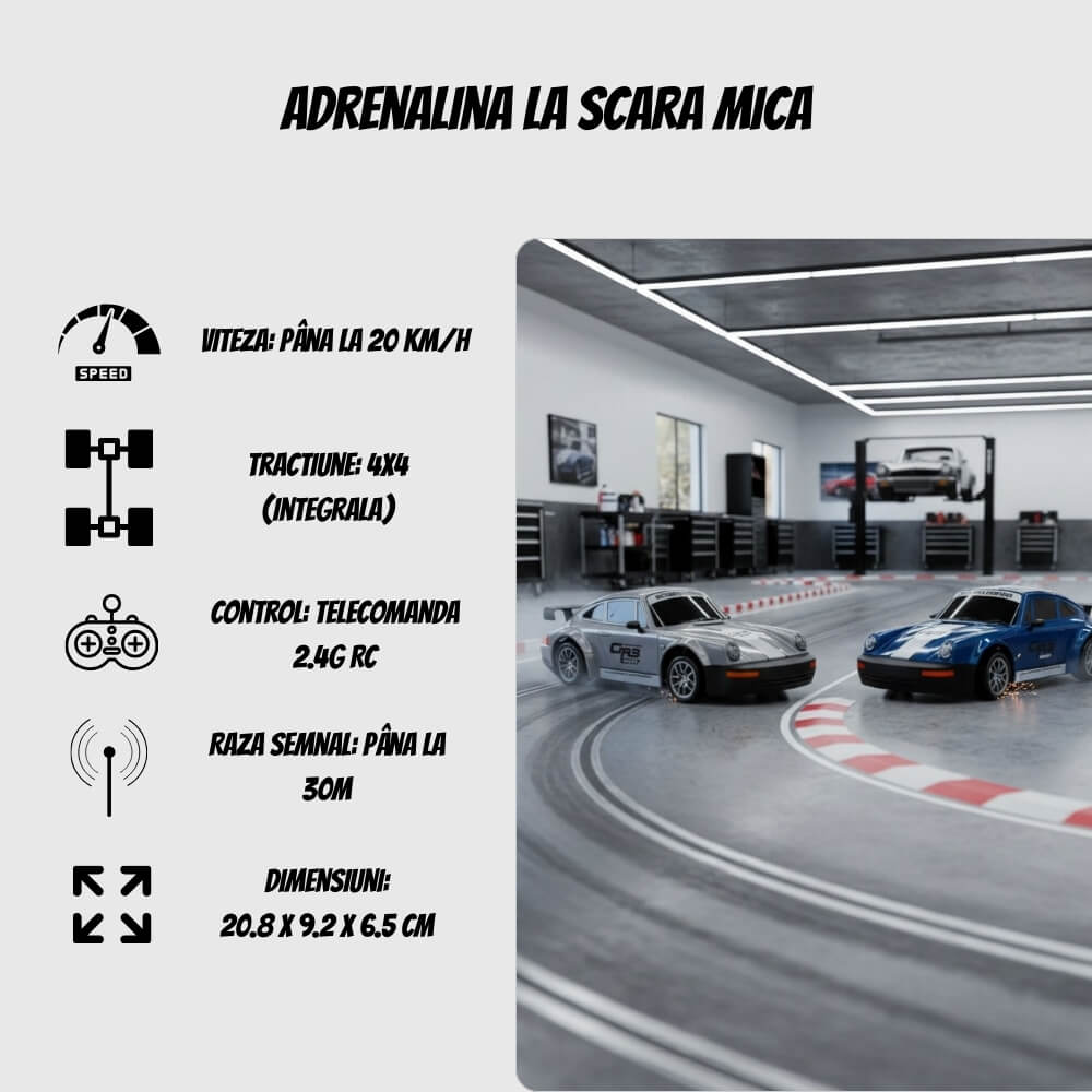 Masinuta cu Telecomanda RC Drift Car, Porsche Vintage, 1:24, 2.4GHz, 20 km/h, Tractiune Integrala, 2 Seturi Anvelope (Speed & Drift), Obstacole Incluse, Baterie Reincarcabila, Gri
