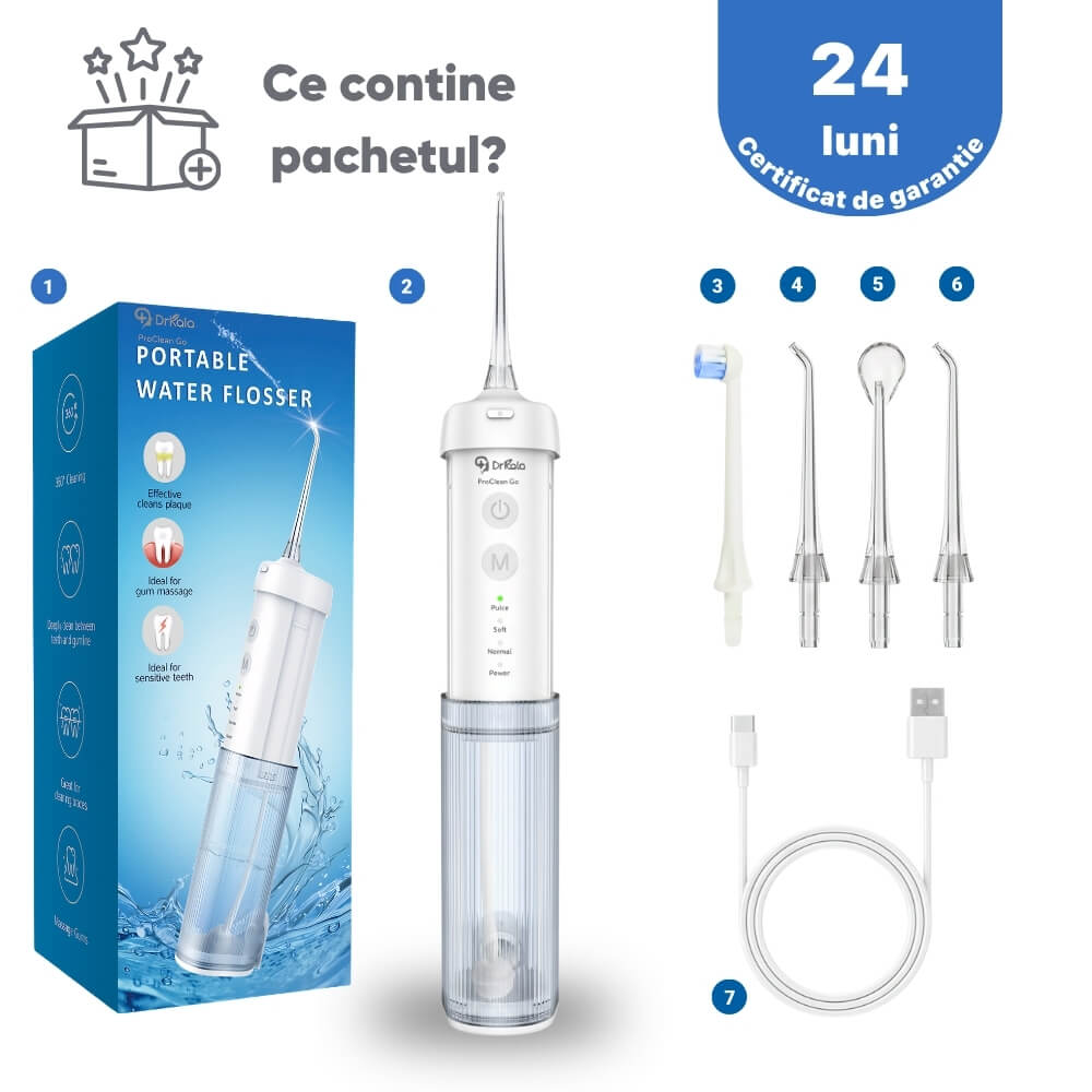 Irigator Bucal Profesional tip Dus Bucal Portabil DrKala® ProClean Go, pliabil, 4 moduri de curatare, pana la 1999 pulsatii/min, rezervor 210 ml, baterie 1500 mAh, 4 capete incluse, Rezistent la apa IPX7, incarcare USB-C, Alb