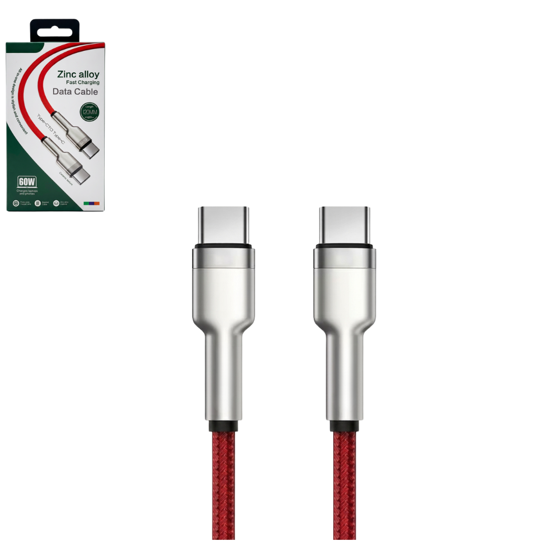 Cablu de Date și Încărcare Rapidă Type-C la Type-C, Putere 60W, Lungime 1.2m, Textil Flexibil Rezistent, Conectori Aliaj Zinc, Roșu/Argintiu