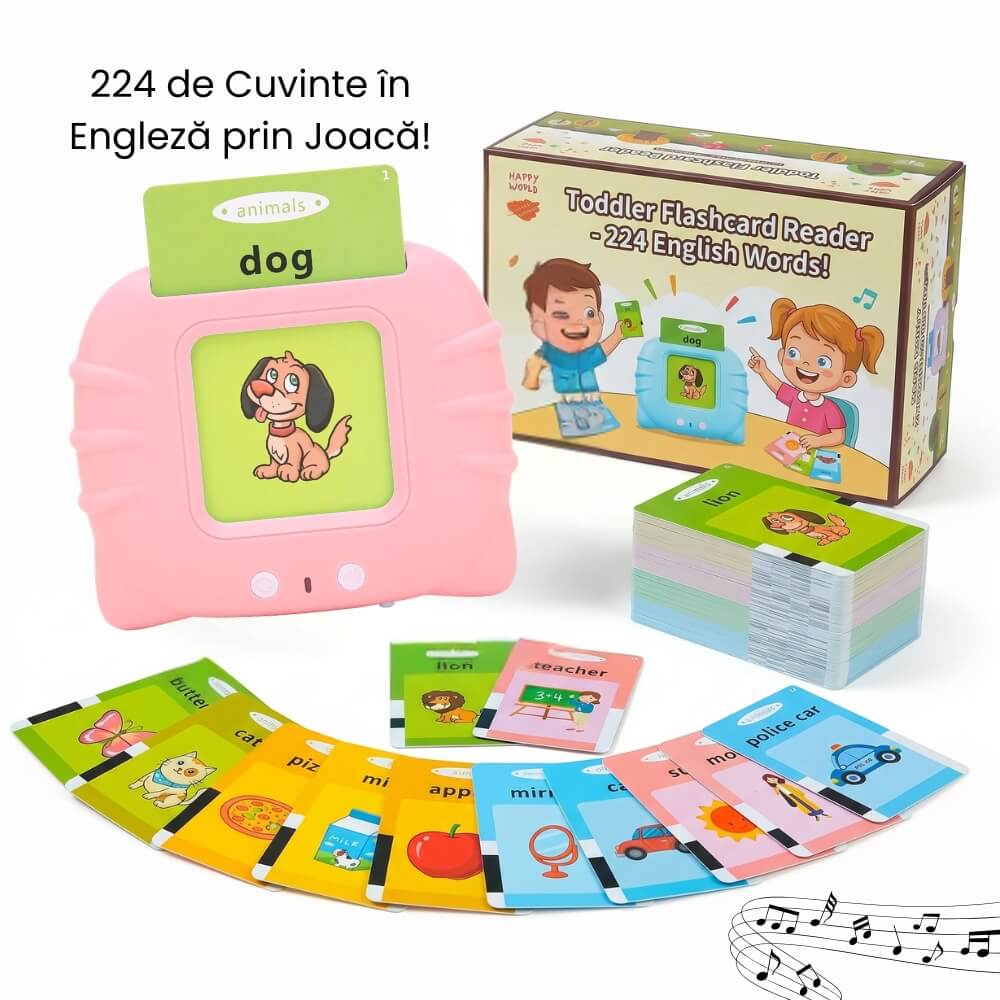 Jucarie Educativa Interactiva pentru Copii, Cititor Carduri cu 224 Cuvinte in Engleza, Invatare prin Joaca, Vocabular, Animale, Fructe, Masini, Reincarcabil USB, Albastru / Roz