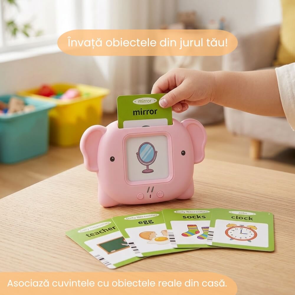 Jucarie Educativa Interactiva pentru Copii, Cititor Carduri cu 224 Cuvinte in Engleza, Invatare prin Joaca, Vocabular, Animale, Fructe, Masini, Reincarcabil USB, Albastru / Roz