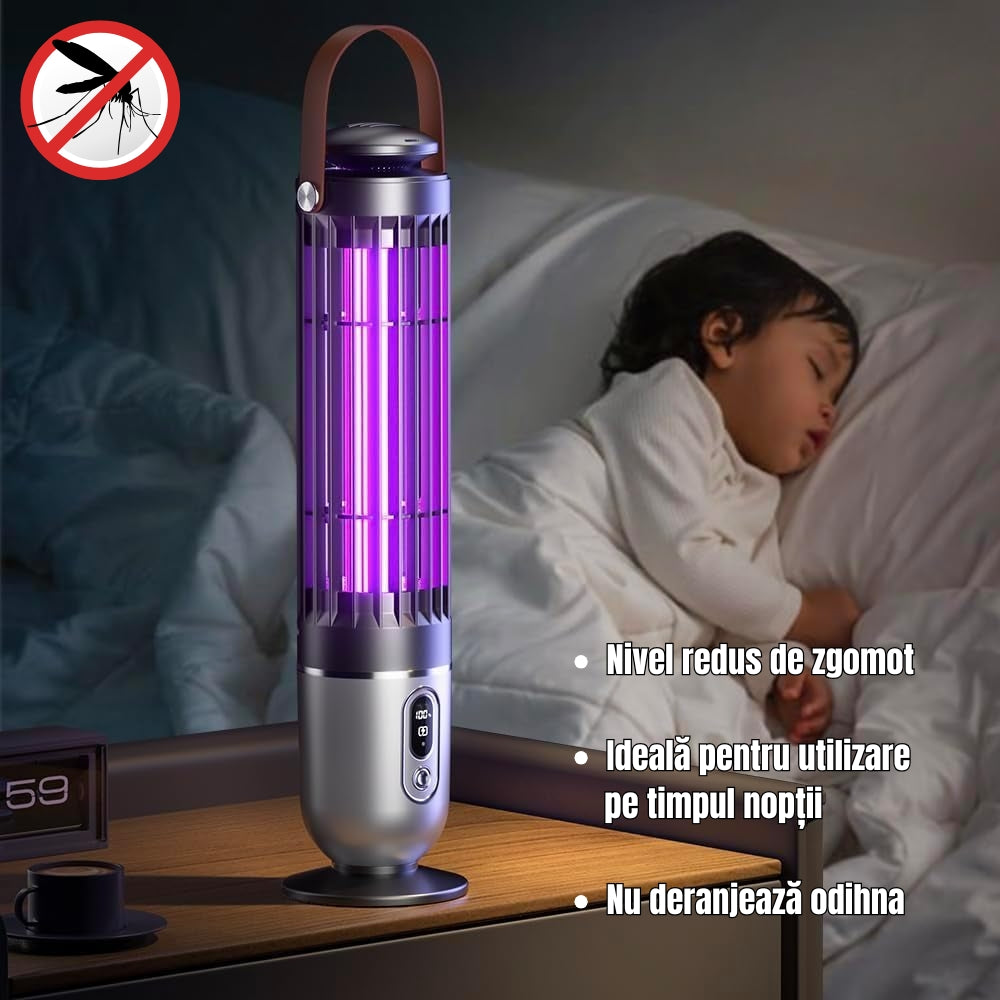 Lampa UV Anti Tantari si Insecte Reincarcabila USB, Electrica cu Lumina UV 360°, Portabila pentru Interior si Exterior, Afisaj Digital LED, Silentioasa, Negru/Argintiu