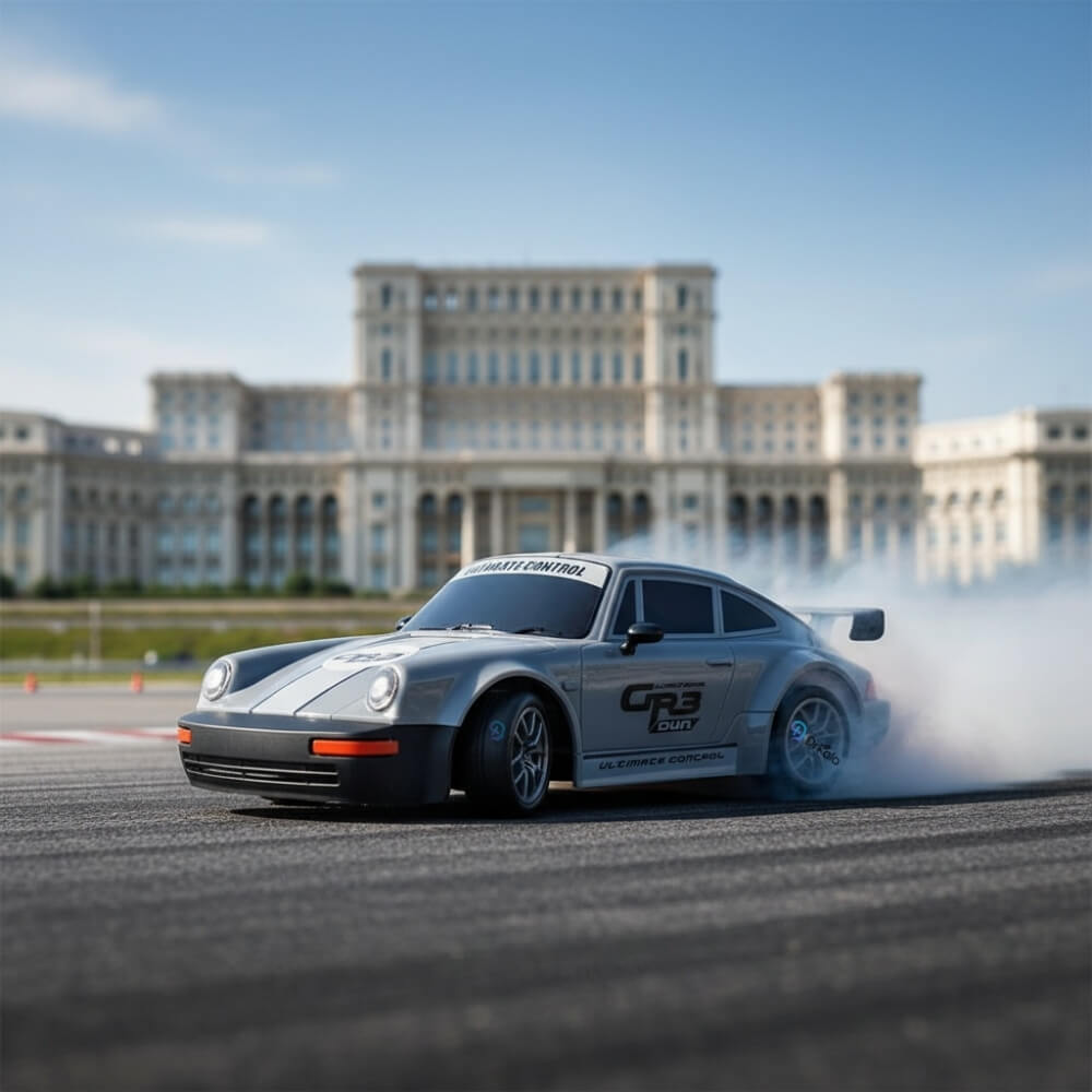 Masinuta cu Telecomanda RC Drift Car, Porsche Vintage, 1:24, 2.4GHz, 20 km/h, Tractiune Integrala, 2 Seturi Anvelope (Speed & Drift), Obstacole Incluse, Baterie Reincarcabila, Gri