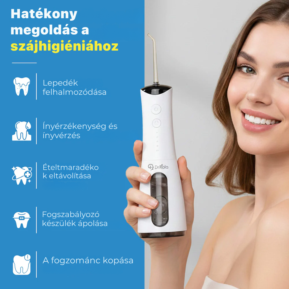 Irigator Bucal Profesional, DrKala®, Dus Bucal Portabil, 4 Moduri, Memorie, Pana la 1600 pulsații/minut, Rezervor 300ml, 5 Duze, Alb