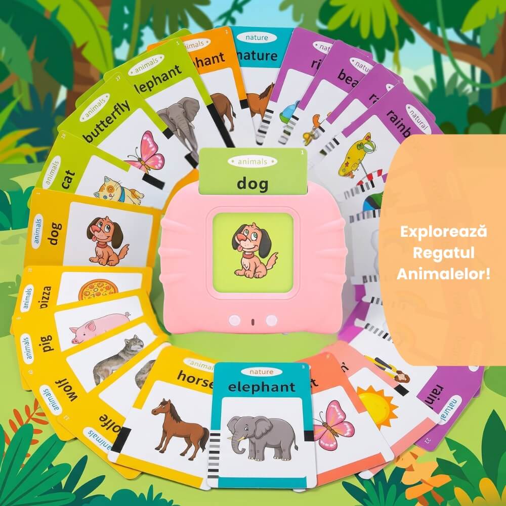 Jucarie Educativa Interactiva pentru Copii, Cititor Carduri cu 224 Cuvinte in Engleza, Invatare prin Joaca, Vocabular, Animale, Fructe, Masini, Reincarcabil USB, Albastru / Roz