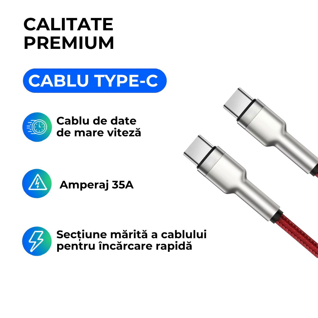 Cablu de Date și Încărcare Rapidă Type-C la Type-C, Putere 60W, Lungime 1.2m, Textil Flexibil Rezistent, Conectori Aliaj Zinc, Roșu/Argintiu