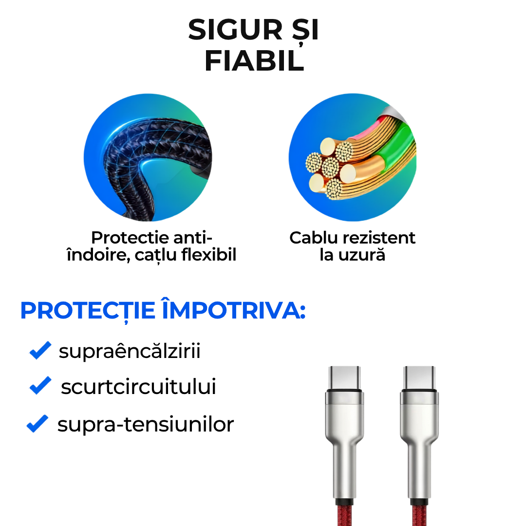Cablu de Date și Încărcare Rapidă Type-C la Type-C, Putere 60W, Lungime 1.2m, Textil Flexibil Rezistent, Conectori Aliaj Zinc, Roșu/Argintiu