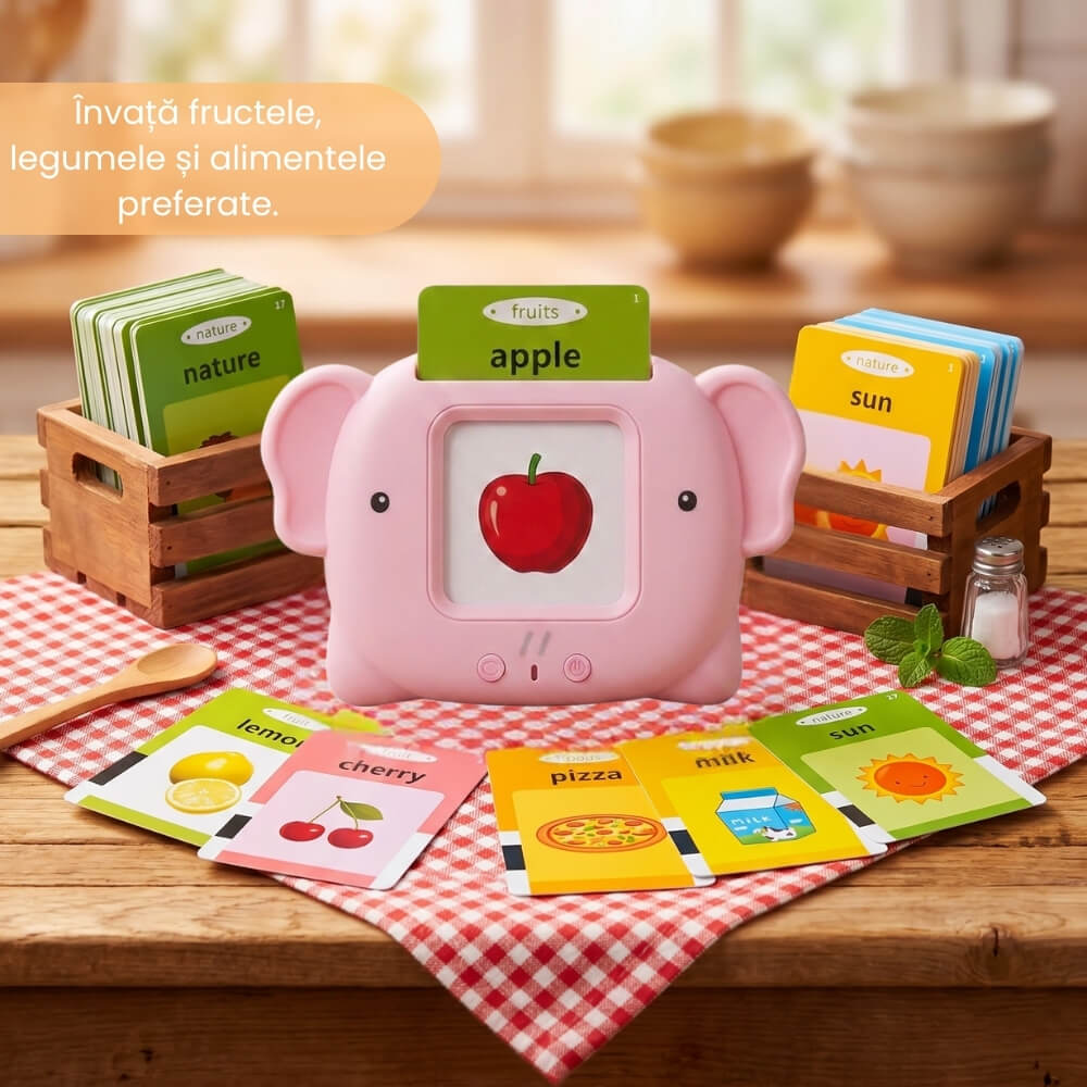 Jucarie Educativa Interactiva pentru Copii, Cititor Carduri cu 224 Cuvinte in Engleza, Invatare prin Joaca, Vocabular, Animale, Fructe, Masini, Reincarcabil USB, Albastru / Roz