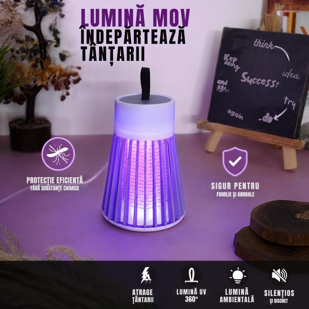 Lampa Anti Tantari UV cu Alimentare USB, Capcana Electrica pentru Insecte Zburatoare, Functionare Silentioasa, Design Portabil cu Maner, Consum Redus de Energie, Alb/Gri