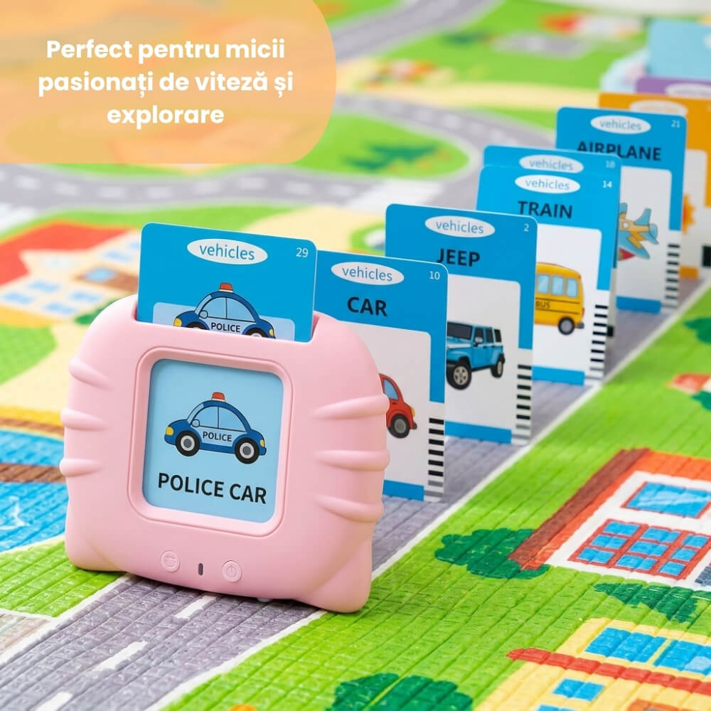 Jucarie Educativa Interactiva pentru Copii, Cititor Carduri cu 224 Cuvinte in Engleza, Invatare prin Joaca, Vocabular, Animale, Fructe, Masini, Reincarcabil USB, Albastru / Roz