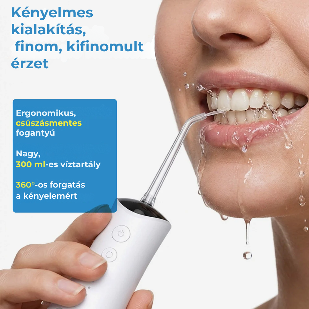 Irigator Bucal Profesional, DrKala®, Dus Bucal Portabil, 4 Moduri, Memorie, Pana la 1600 pulsații/minut, Rezervor 300ml, 5 Duze, Alb