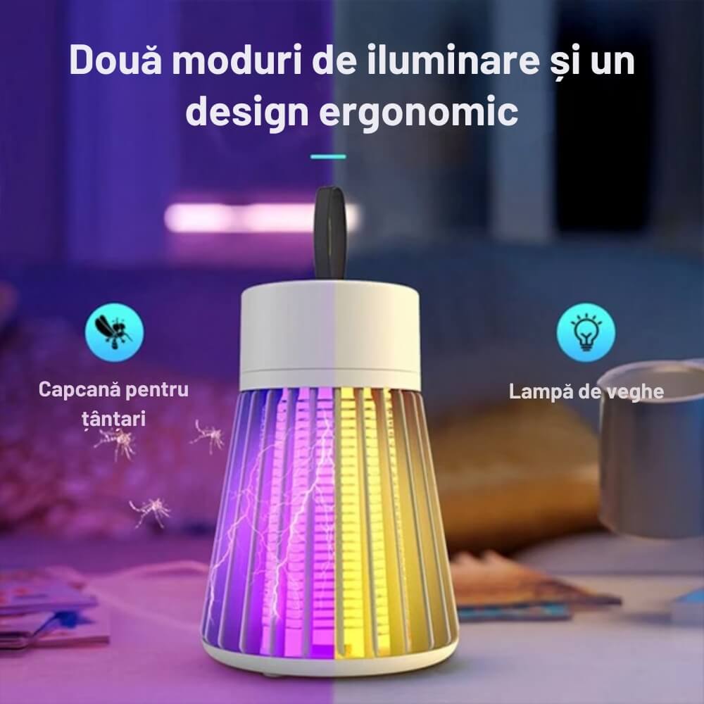 Lampa Anti Tantari UV cu Alimentare USB, Capcana Electrica pentru Insecte Zburatoare, Functionare Silentioasa, Design Portabil cu Maner, Consum Redus de Energie, Alb/Gri