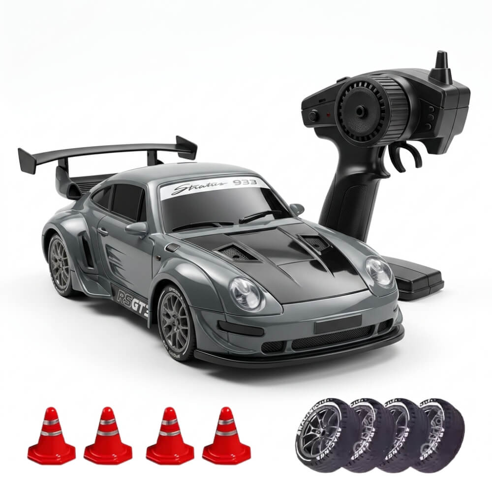 Masina cu Telecomanda RC Drift 4WD ,Scara 1:20, Tip 911 GTS, 20 km/h, 2.4GHz, 2 Seturi Anvelope Drift & Racing, Obstacole Incluse, Gri Metalizat