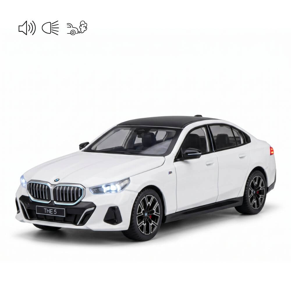 Masinuta Metalica BMW Seria 5 530 2026, Scara 1:24, Usi/Capota Mobile, Lumini Xenon, Sunete Claxon, Cadou Baiat, Alb