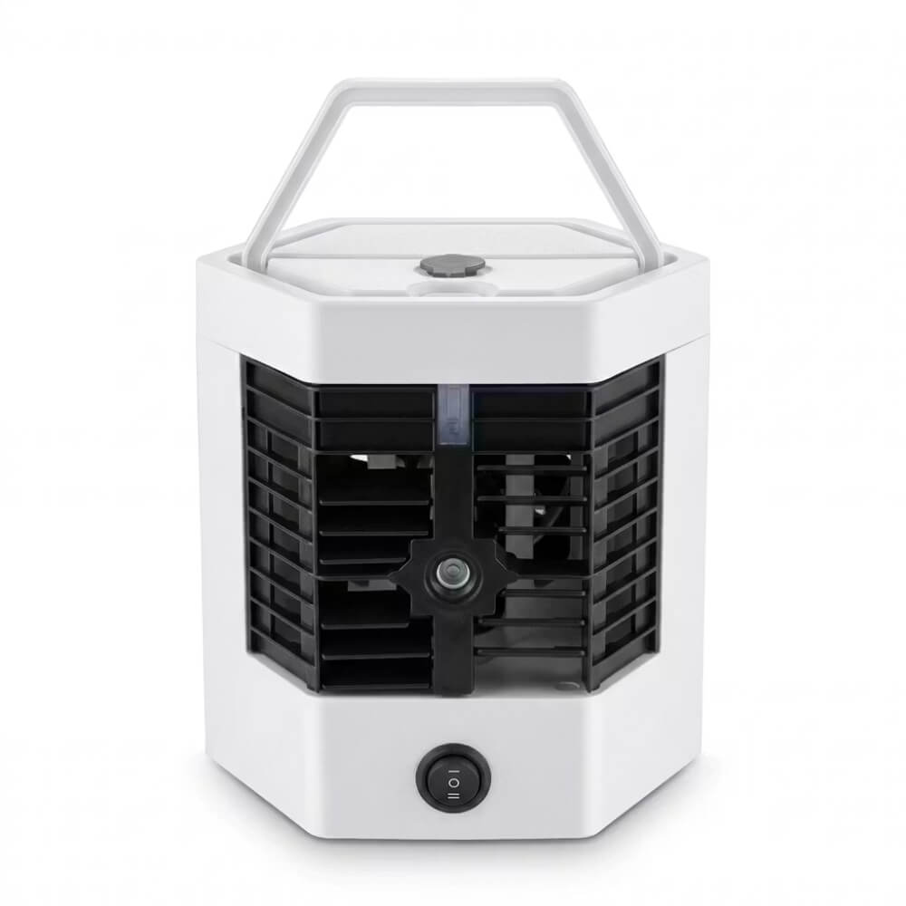 Mini Aer Conditionat Portabil USB, Racitor de Aer cu Rezervor de Apa, 2 Trepte de Viteza, Silentios, LED Ambiental, Include 2 Rezerve de Gheata si Cablu de Incarcare, Alb