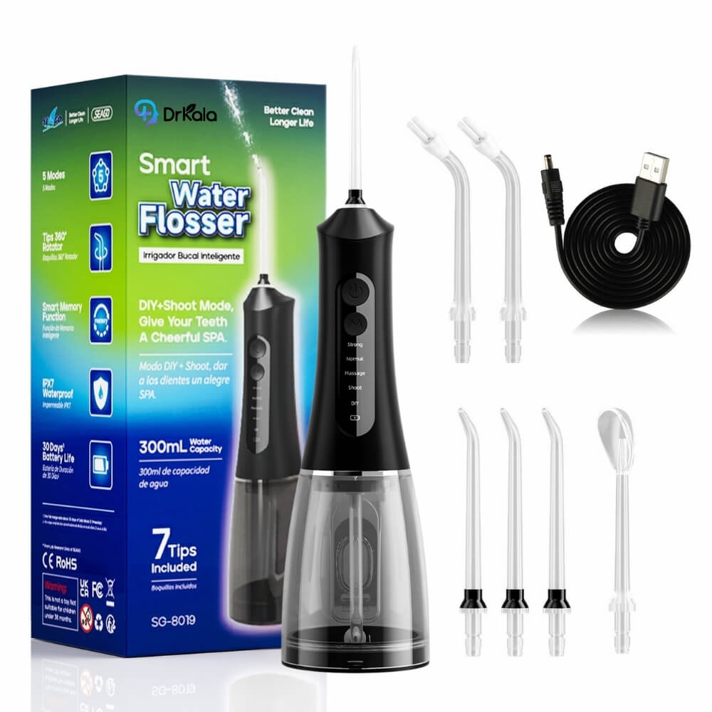 Irigator Bucal tip Dus Bucal Portabil, DrKala®, 1380 pulsatii/min, 5 Programe, 7 duze incluse, personalizare pulsatii, Rezervor 300 ml, Igiena orala completa, Negru