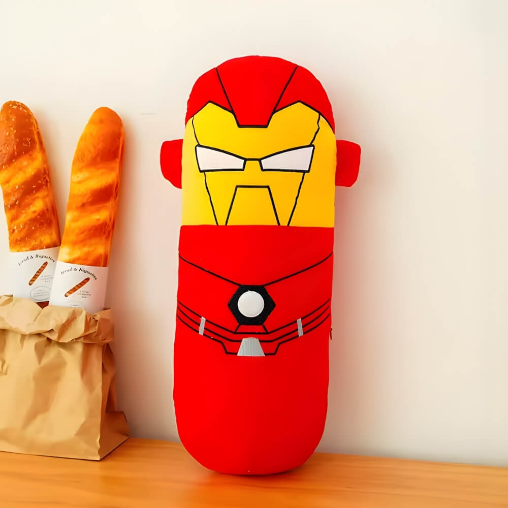 Jucarie de Plus si Perna Moale Iron Man (Omul de Fier), Marvel Avengers, 50 cm, Design Cilindric, Rosu/Galben