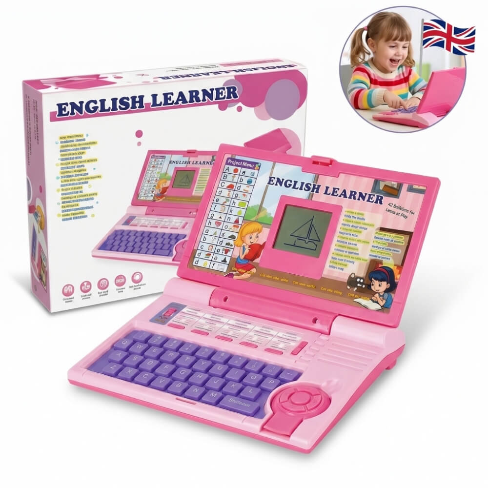 Laptop educational copii English Learner, limba engleza, alfabet, numere, muzica, jocuri interactive, ecran de desen, taste mari, roz