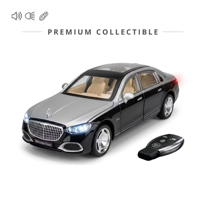 Masina Metalica Mercedes Maybach S-Class Scara 1:24, Telecomanda Tip Cheie, Deschidere Electrica Usi, Capota si Portbagaj Functionale, Lumini, Sunete, Cadou Colectionari, Negru/Argintiu
