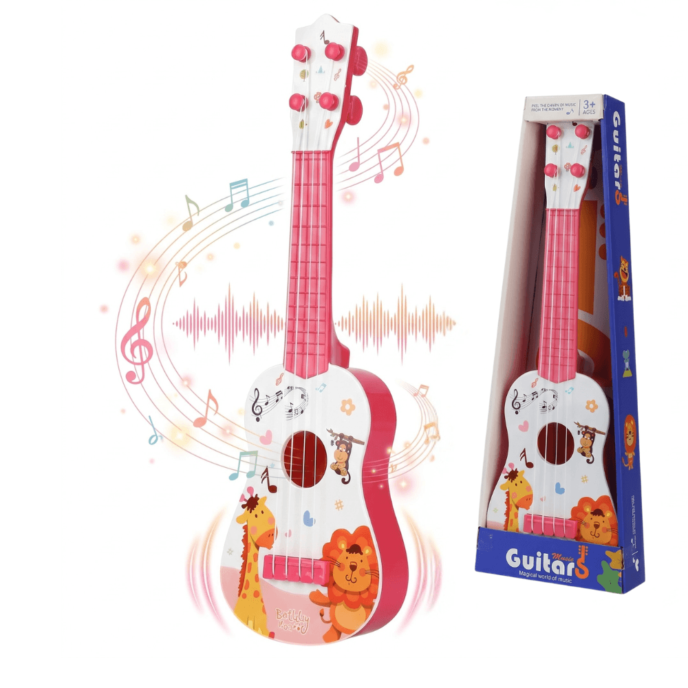 Chitara de Jucarie pentru Copii 3-8 Ani, Ukulele Mini 4 Corzi cu Animale, Cadou Baieti si Fete, Instrument Muzical Educational, 40 cm, Roz