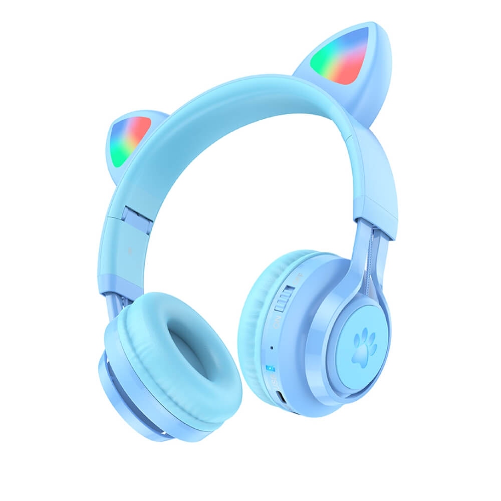 Casti Wireless Copii cu Urechi de Pisica, Pliabile, LED-uri RGB Distractive, Bluetooth, Microfon, Slot card, Functie Protectie Volum Copii, DigikalaX®, Conectare cablu AUX, Albastru Deschis