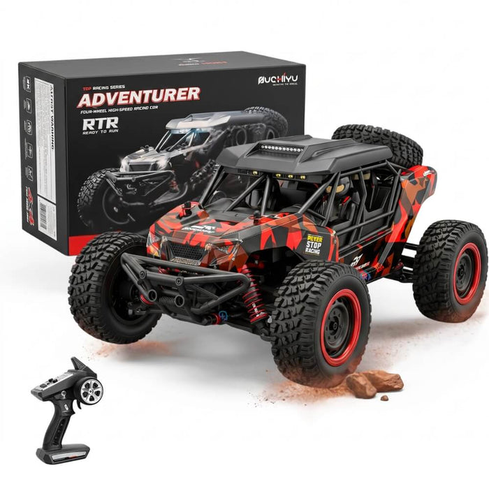 Masina cu telecomanda profesionala Adventurer, Off-Road 4x4 (4WD), Scara 1:16, Viteza 40 km/h, Suspensii Metalice independente, Motor Brushed, Lumini LED,Control 2.4GHz,Rosu-Negru
