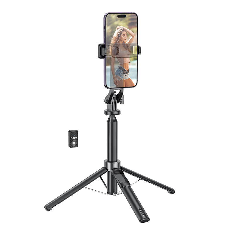 Selfie Stick Hoco Quadropod din Aluminiu, Bluetooth cu telecomanda, Negru