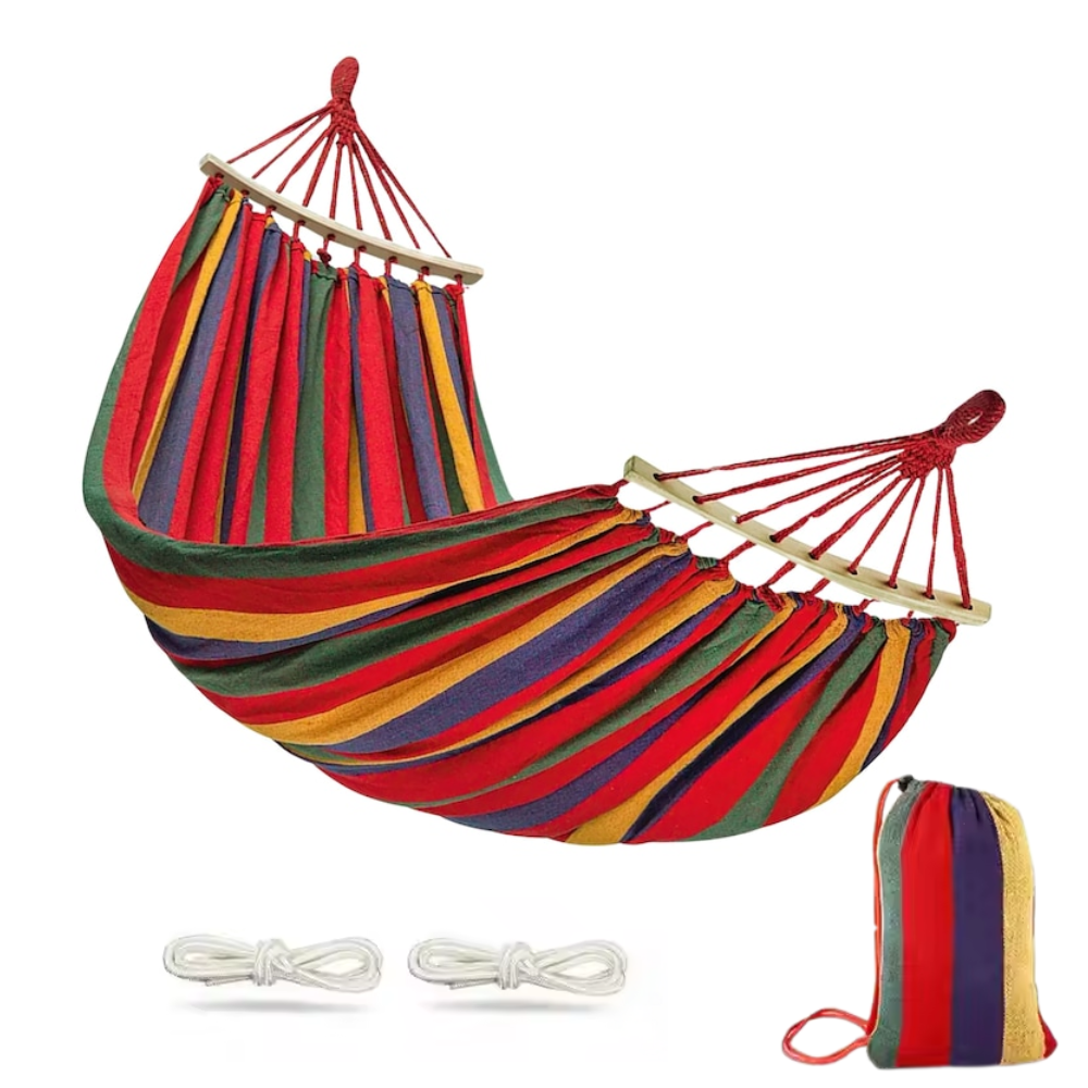 Hamac multicolor curcubeu 190x150 cm, cu tija lemn, ideal camping & gradina