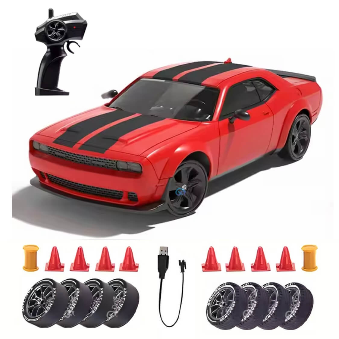 Masinuta cu Telecomanda, RC Drift Car, 1:24, 2.4GHz, Tractiune Integrala, 2 Seturi Anvelope (Speed & Drift), Obstacole Incluse, Baterie Reincarcabila, Rosu