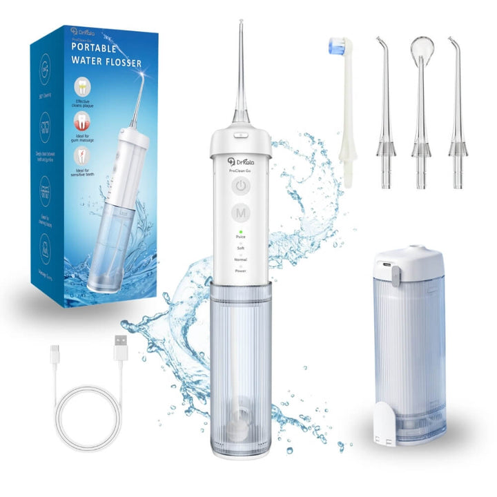 Irigator Bucal Profesional tip Dus Bucal Portabil DrKala® ProClean Go, pliabil, 4 moduri de curatare, pana la 1999 pulsatii/min, rezervor 210 ml, baterie 1500 mAh, 4 capete incluse, Rezistent la apa IPX7, incarcare USB-C, Alb