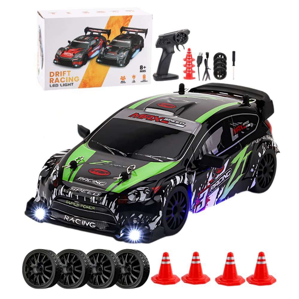 Masinuta cu Telecomanda, Model Ford Rally, RC Drift Car, 1:24, 2.4GHz, Tractiune Integrala, 2 Seturi Anvelope (Speed & Drift), Obstacole Incluse, Baterie Reincarcabila, Verde/Negru