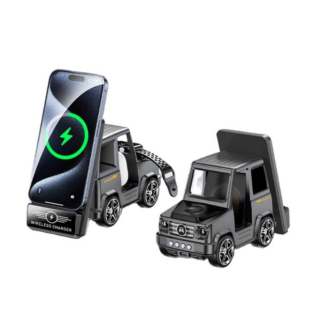 Incarcator Wireless DigikalaX®Qi, Model G-Wagon Design, Statie de Incarcare 3 in 1, Functie Incarcare rapida 15W, Compatibilitate Universala cu Apple, Samsung, Xiaomi, Huawei, Airpods, Apple Watch, Gri